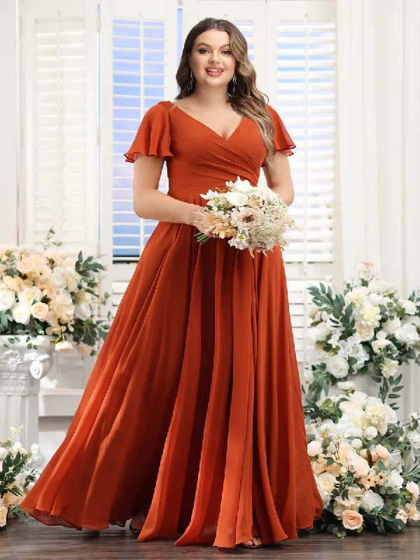 Online Only A-Line V-Neck Short Sleeves Split Side Ruched Chiffon Plus Size Bridesmaid Dresses