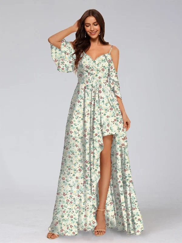Sneak Peek Sale A-Line/Princess Cold Shoulder Half Sleeves Split Side Floral Bridesmaid Dresses Sneak Peek Sale A-Line/Princess Cold Shoulder Half Sleeves Split Side Floral Bridesmaid Dresses
