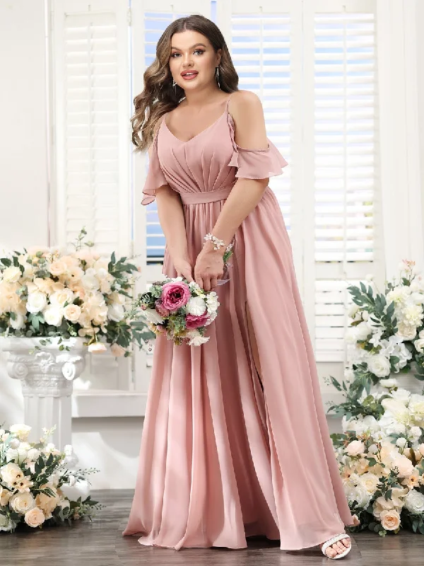 Stock Clearance A-Line Spaghetti Straps Split Side Ruched Floor-Length Chiffon Plus Size Bridesmaid Dresses
