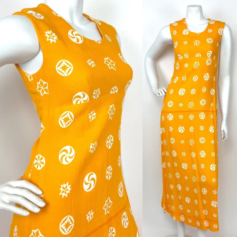 Exclusive Deal VINTAGE 60s 70s YELLOW ORANGE WHITE ABSTRACT STAR CIRCLE PINWHEEL MAXI DRESS 8
