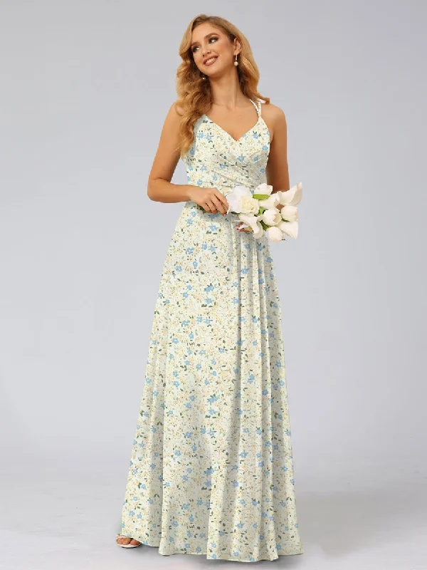 New Deals A-Line/Princess Halter Sleeveless Ruched Floral Bridesmaid Dresses