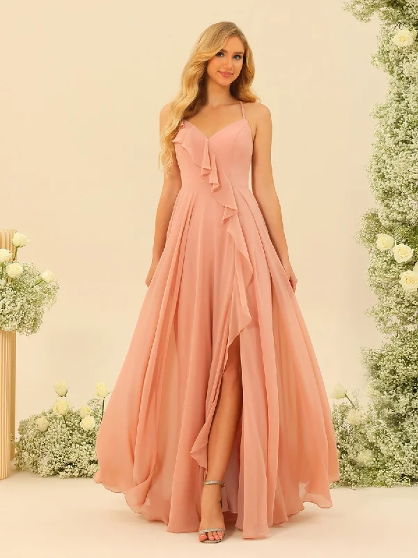Huge Savings A-Line/Princess Spaghetti Straps V-Neck Long Bridesmaid Dresses with Split Side & Ruffles Huge Savings A-Line/Princess Spaghetti Straps V-Neck Long Bridesmaid Dresses with Split Side & Ruffles