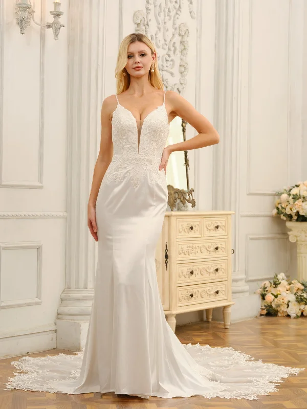 Amazing Deals Trumpet/Mermaid Spaghetti Straps Sleeveless Long Wedding Dresses with Appliques