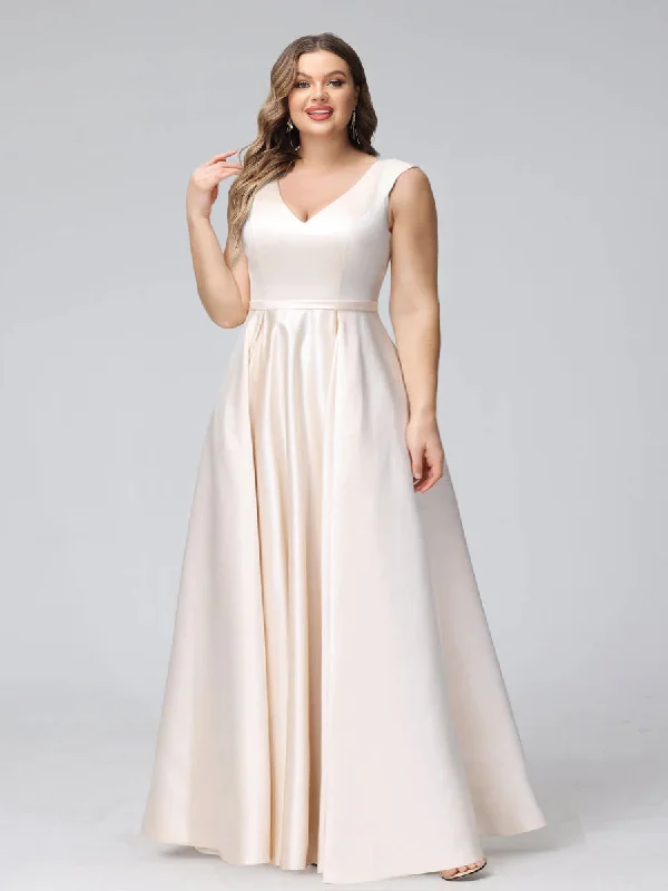 Seasonal Sale A-Line V-Neck Sleeveless Floor-Length Satin Plus Size Bridesmaid Dresses With Pockets