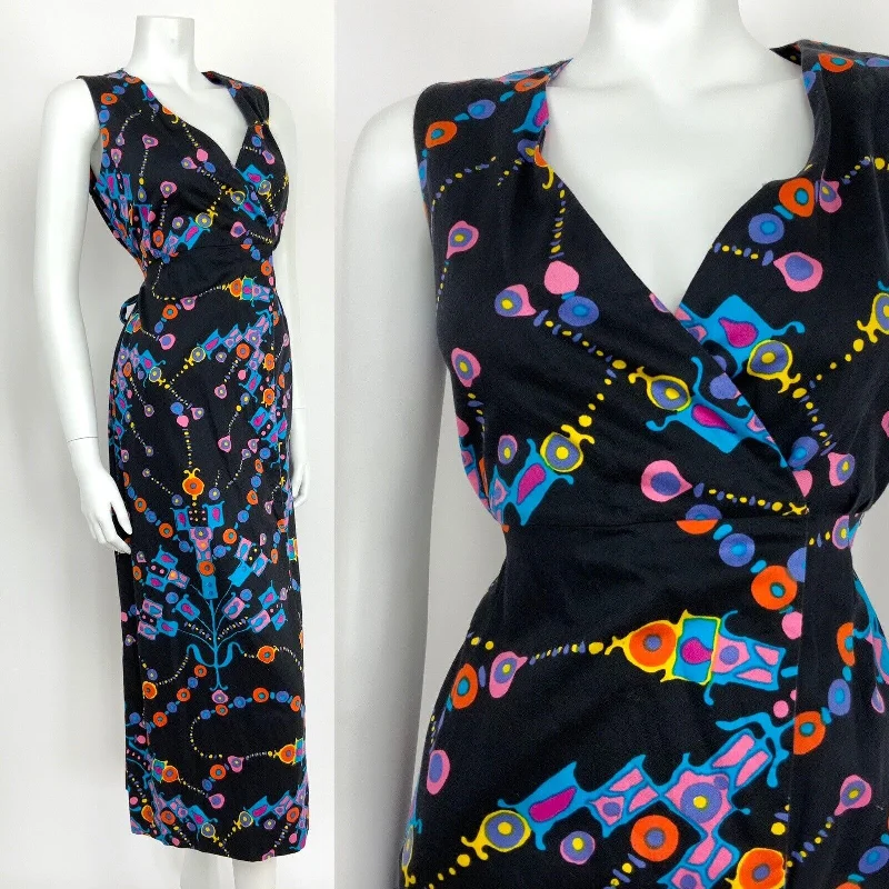 Super Deal VINTAGE 60s 70s GEOMETRIC ABSTRACT BLACK BLUE PINK ORANGE WRAP MAXI DRESS 10