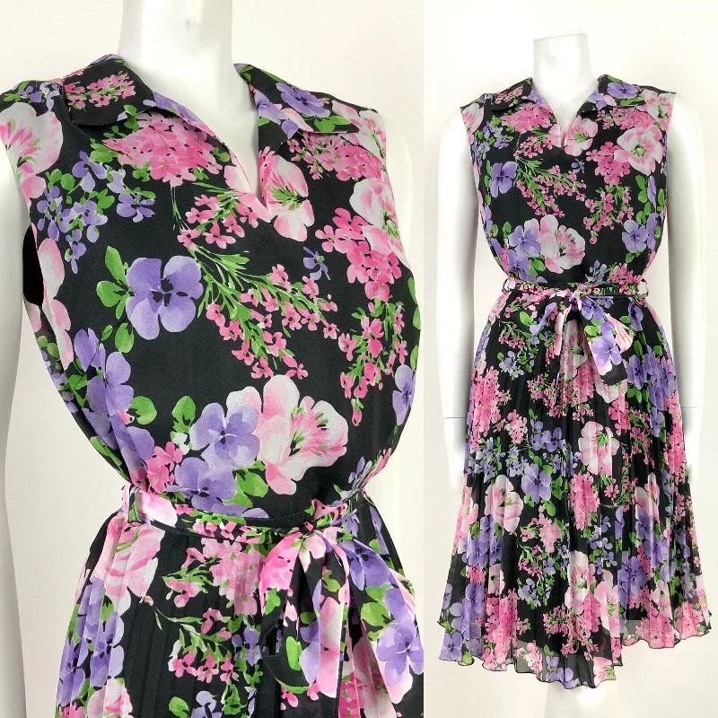 Super Deal VINTAGE 60s 70s BLACK PINK PURPLE GREEN FLORAL PLEATED BELTED DRESS 12