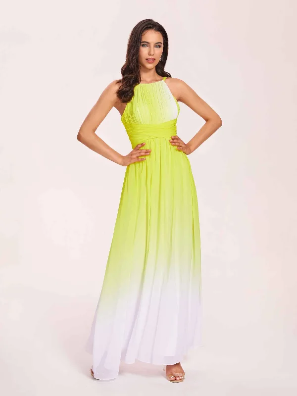 Value Deals Halter Floral A-line Ombre Chiffon Long Bridesmaid Dresses Online