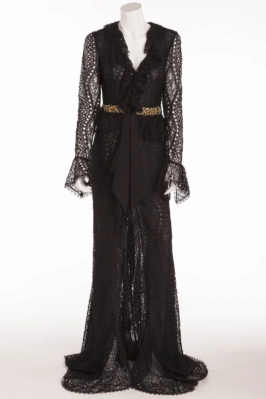 Amazing Deals Emilio Pucci - Long Sleeve Black Lace Dress with Gold Beaded Belt - IT 42