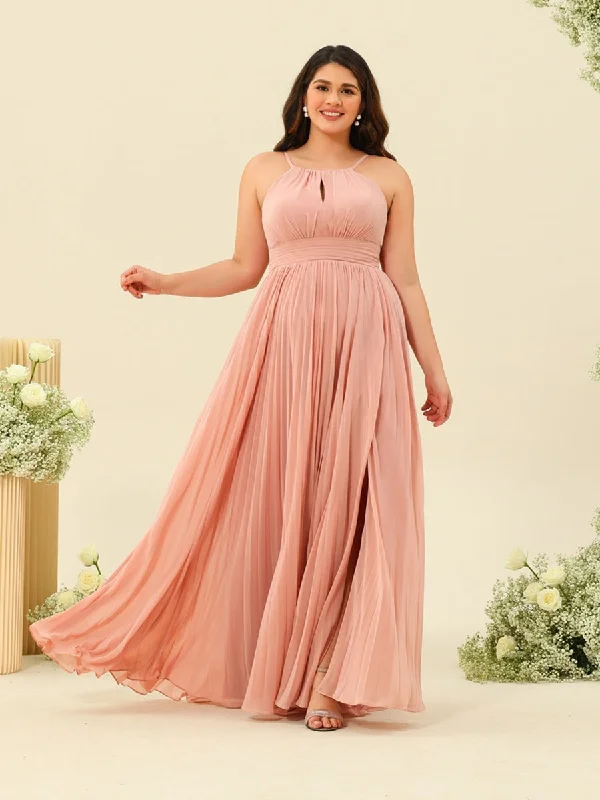 Limited Availability A-Line/Princess Halter Plus Size Long Bridesmaid Dresses with Split Side & Ruffles Limited Availability A-Line/Princess Halter Plus Size Long Bridesmaid Dresses with Split Side & Ruffles