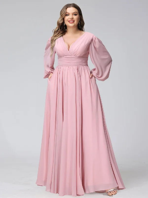 Special Savings A-Line V-Neck Long Sleeves Long Chiffon Plus Size Bridesmaid Dresses With Split Side Pockets