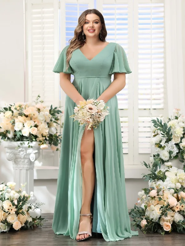 Inventory Reduction A-Line V-Neck Short Sleeves Split Side Ruffles Chiffon Plus Size Bridesmaid Dresses