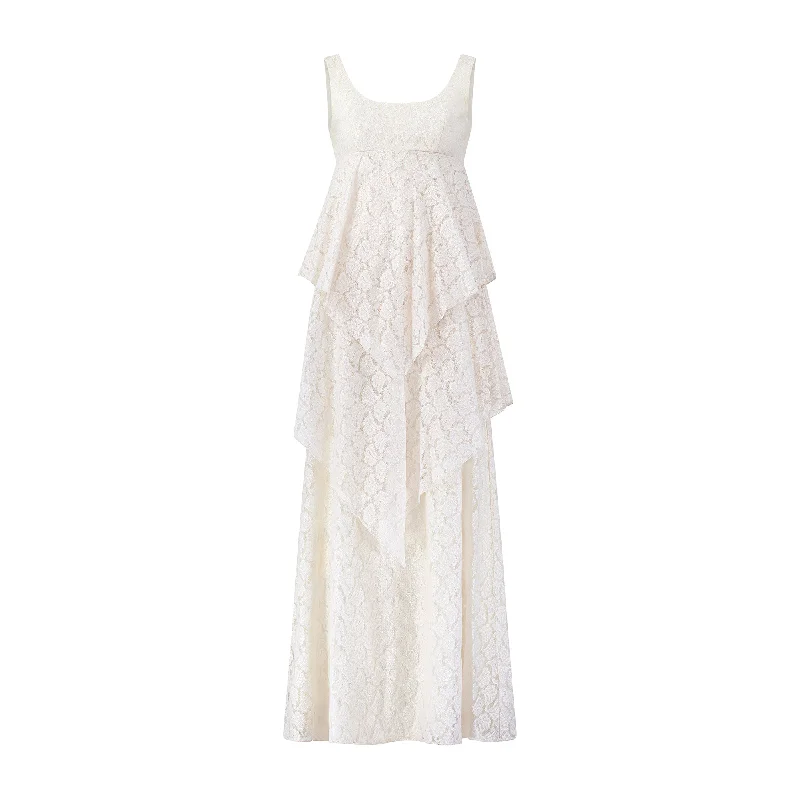 Referral Discount 1970s Ellis Tassel Detail Tiered Cream Lace Wedding Dress