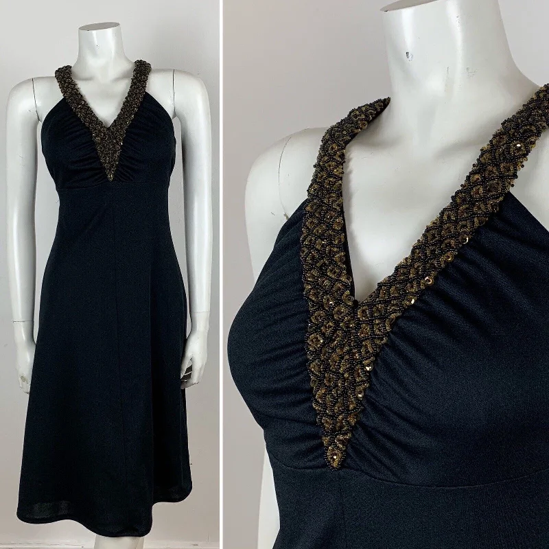 Deal of the Day VINTAGE 70S BLACK GOLD BEADED HALTER NECK DRESS 6 8