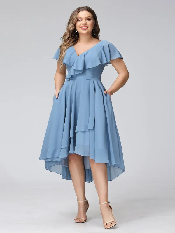 Exclusive Savings A-Line V-Neck Short Sleeves Asymmetrical Chiffon Plus Size Bridesmaid Dresses With Pockets