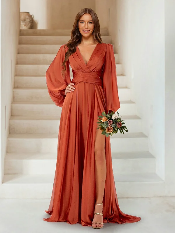 Deal of the Week A-Line/Princess V-Neck Long Sleeves Floor Length Bridesmaid Dresses with Split Side