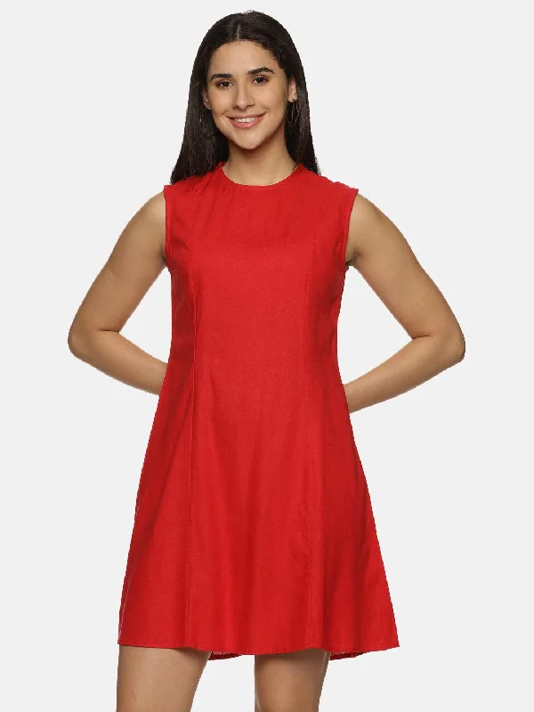 Buy More, Save More Women's Red Cotton Solid A-Line Mini Dress - Casual Sleeveless Round Neck Zip Closure