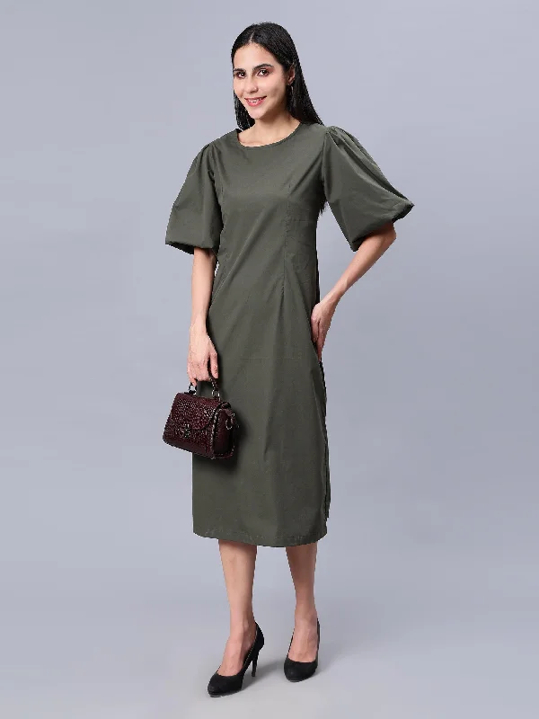 Special Offer Women's Green Cotton A-Line Midi Dress - Casual Short Sleeves Round Neck Zip Closure