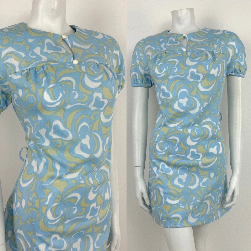 Savings Galore VINTAGE 60s 70s BLUE WHITE BEIGE SWIRL FLORAL KEYHOLE YOKE DRESS 10 12