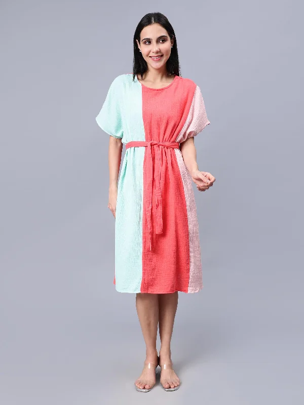 Take Advantage Women's Multi-Colored Cotton Colourblocked Kaftan Dress - Casual Short Sleeves Round Neck