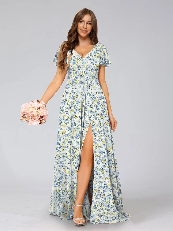 Exclusive Access A-Line/Princess V-Neck Short Sleeves Split Side Floral Bridesmaid Dresses Exclusive Access A-Line/Princess V-Neck Short Sleeves Split Side Floral Bridesmaid Dresses