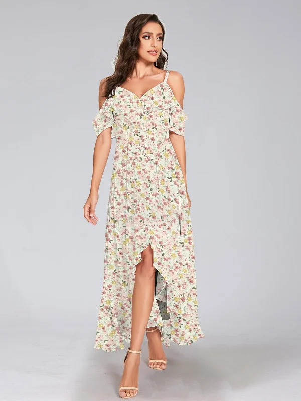 Daily Deals A-Line/Princess Cold Shoulder Short Sleeves Ruffles Floral Bridesmaid Dresses