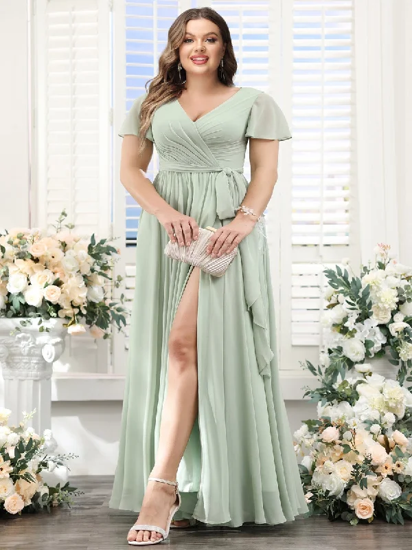 Deal Frenzy A-Line V-Neck Short Sleeves Split Side Ruched Floor-Length Chiffon Plus Size Bridesmaid Dresses