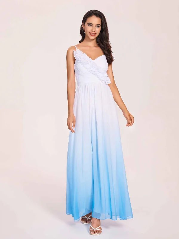 Super Savings Spaghetti Straps Floral A-line Ombre Chiffon Long Bridesmaid Dresses Online