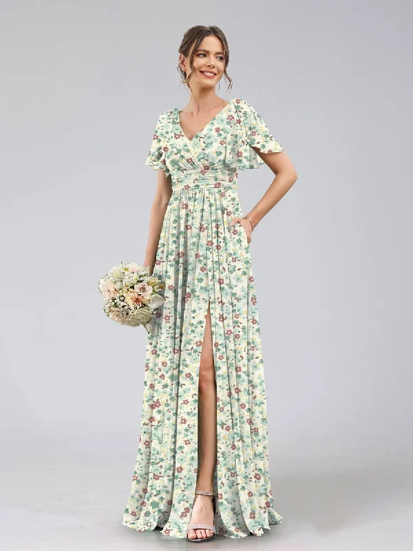 Fantastic Deals A-Line/Princess V-Neck Short Sleeves Split Side Floral Bridesmaid Dresses Fantastic Deals A-Line/Princess V-Neck Short Sleeves Split Side Floral Bridesmaid Dresses