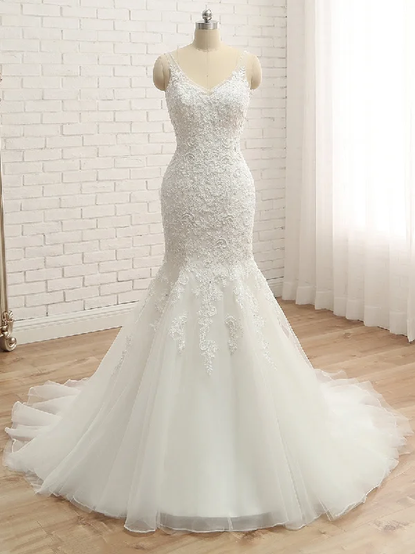Bonus Savings Trumpet/Mermaid V-Neck Sleeveless Applique With Beading Tulle Court Train Wedding Dresses