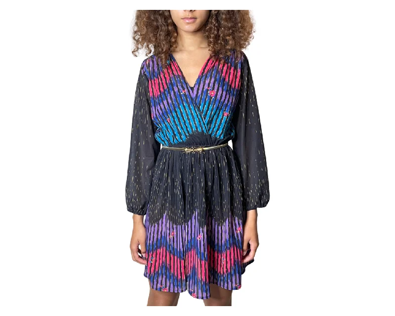 Instant Discount Original 1970's Vintage Black & Multi Coloured Mini Pleat Dress UK 8 - 10