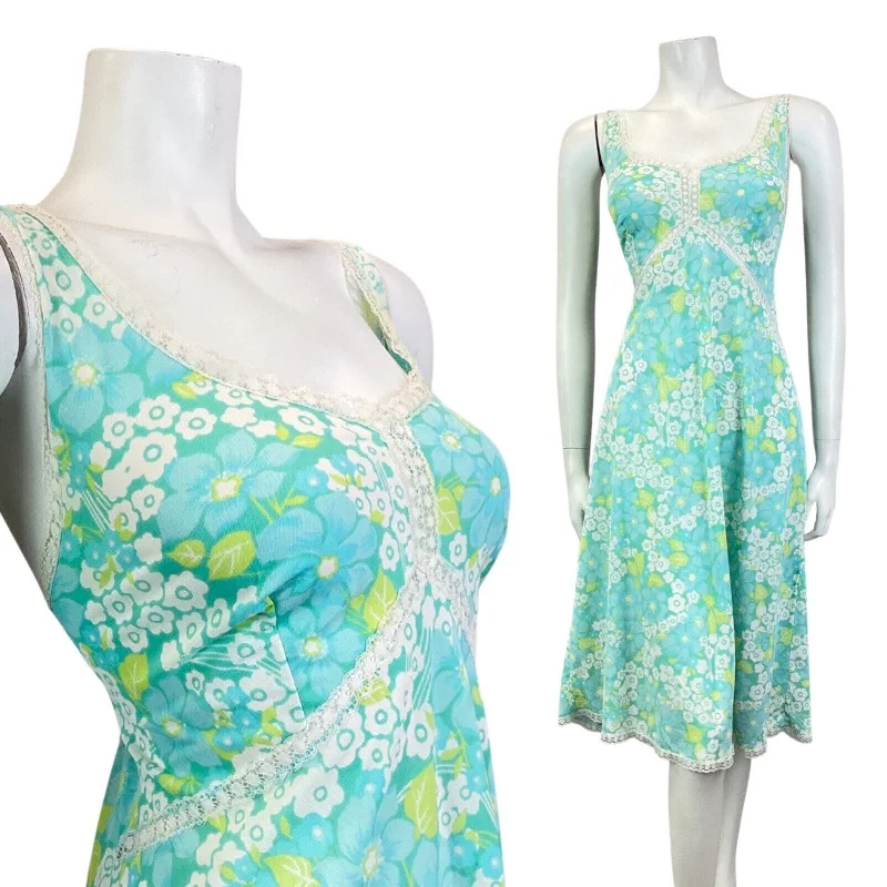 Instant Discount VINTAGE 60s 70s BLUE GREEN WHITE DAISY FLOWER LACE SUMMER NIGHT SLIP DRESS 14 16