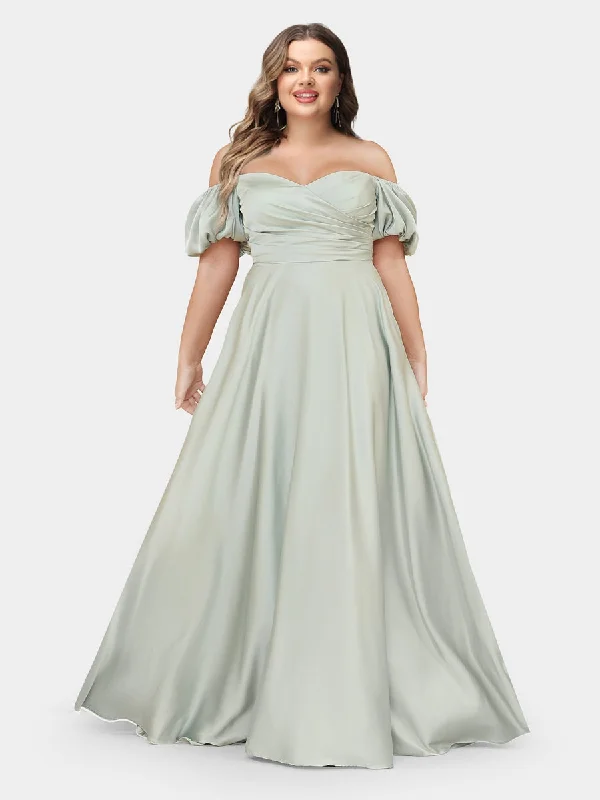 Stock Clearance A-Line/Princess Off-the-Shoulder Puff Sleeves Plus Size Evening Dresses with Ruched