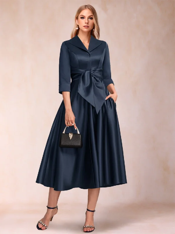 Doorbuster Deal A-Line/Princess V-Neck 3/4 Sleeves Tea-Length Mother of the Bride Dresses with Belt & Pockets