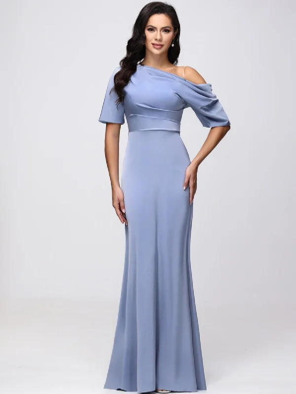 Instant Discount Sheath/Column One-Shoulder Short Sleeves Satin Ruched Long Bridesmaid Dresses Instant Discount Sheath/Column One-Shoulder Short Sleeves Satin Ruched Long Bridesmaid Dresses