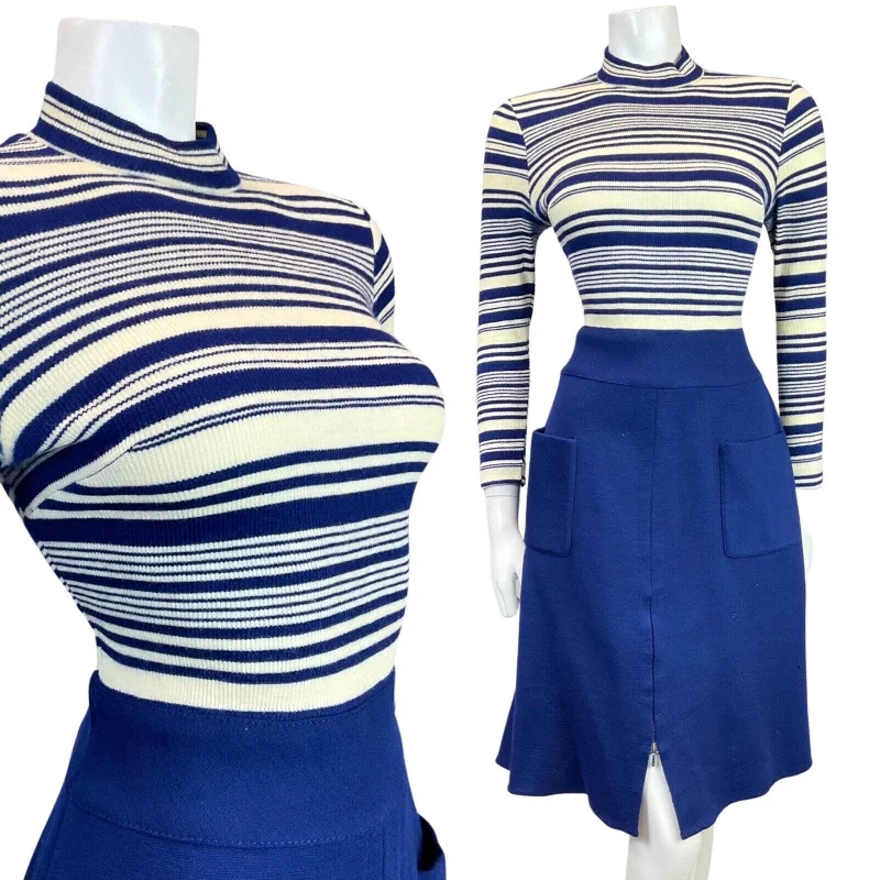 New Markdowns VINTAGE 60s 70s NAVY BLUE CREAM STRIPED ZIP-UP MOD KNITTED DRESS 8