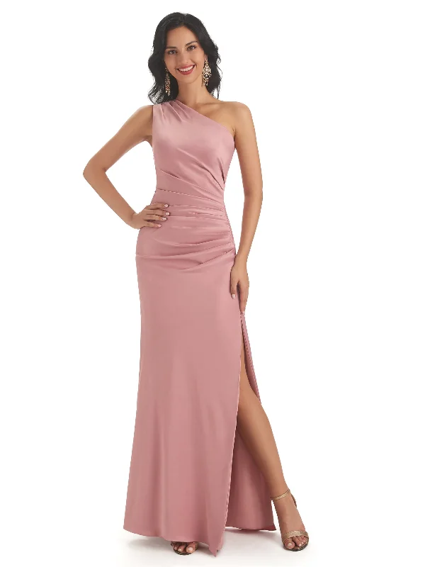 Lowest Prices Sexy Side Slit One Shoulder Satin Mermaid Maxi Bridesmaid Dresses Gown For Wedding