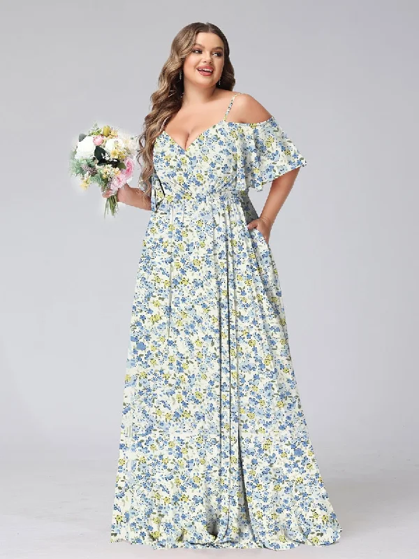 Bargain Prices A-Line/Princess Cold Shoulder Short Sleeves Ruched Plus Size Floral Bridesmaid Dresses