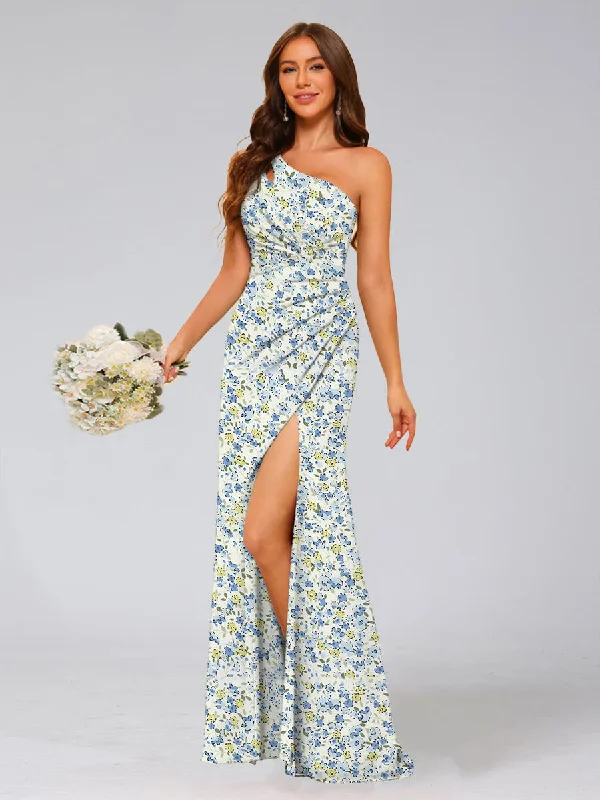 Limited Quantity Trumpet/Mermaid One-Shoulder Sleeveless Split Side Floral Bridesmaid Dresses