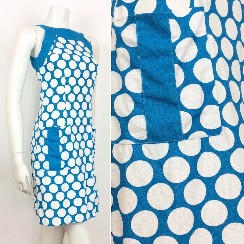 Exclusive Access VTG 60S 70S BLUE WHITE SPOTTED COTTON SUMMER DRESS 8