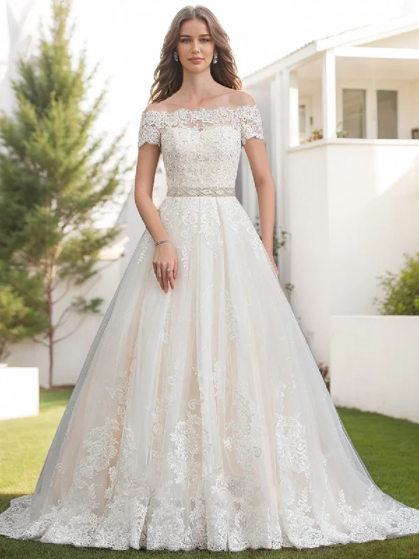 Super Sale A-Line/Princess Off-the-Shoulder Short Sleeves Beading Wedding Dresses