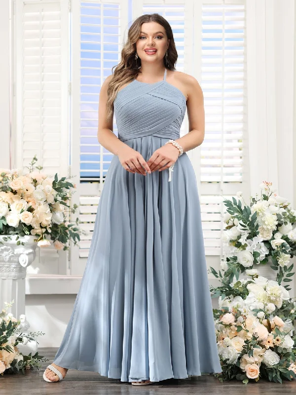 Get It Before It’s Gone A-Line Halter Sleeveless Ruched Floor-Length Chiffon Plus Size Bridesmaid Dresses