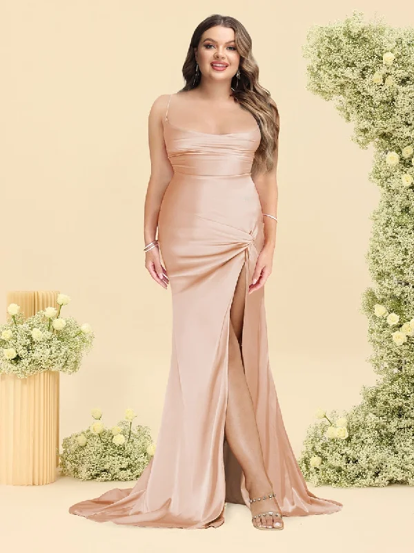 Hot Deal Trumpet/Mermaid Spaghetti Straps Ruched Split Side Plus Size Bridesmaid Dresses