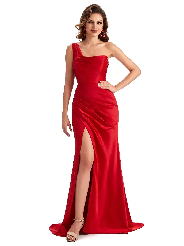 Best Bargains Sexy One Shoulder Side Slit Silky Satin Chic Long Mermaid Trumpet Bridesmaid Dress