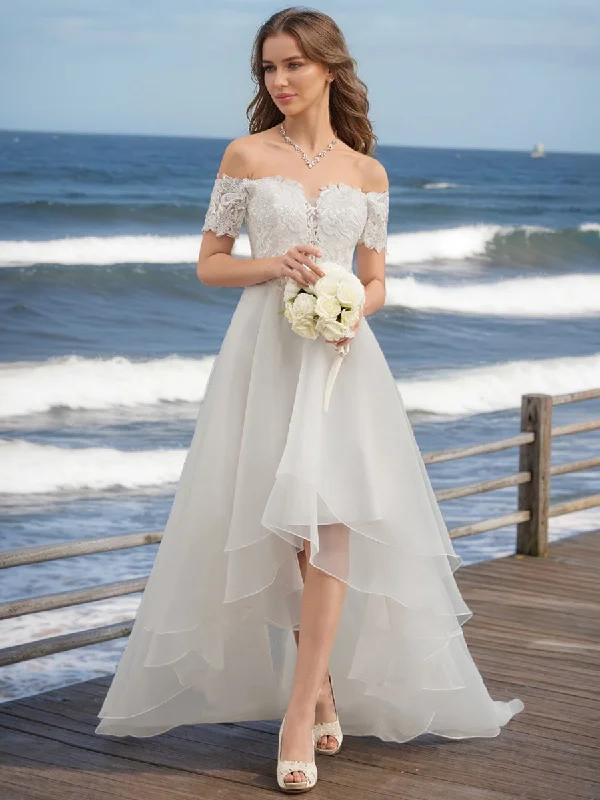 Early Access A-Line/Princess Off-the-Shoulder Short Sleeves Ruffles Wedding Dresses