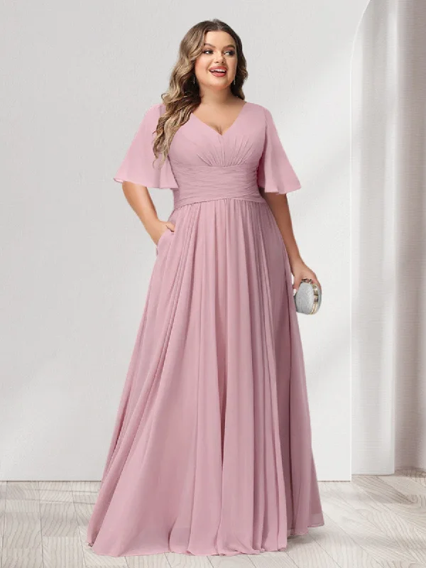 Special Discount A-Line/Princess V-Neck Half Sleeves Chiffon Plus Size Bridesmaid Dresses with Pockets