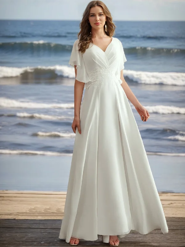 Now or Never A-Line/Princess V-Neck Short Sleeves Applique Wedding Dresses