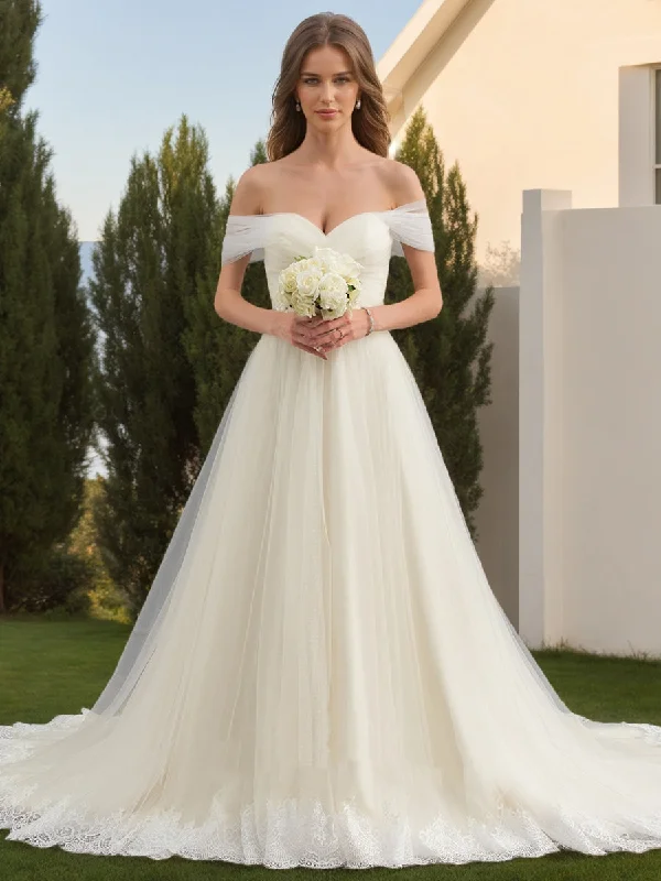 Price Meltdown A-Line/Princess Off-the-Shoulder Short Sleeves Ruched Wedding Dresses
