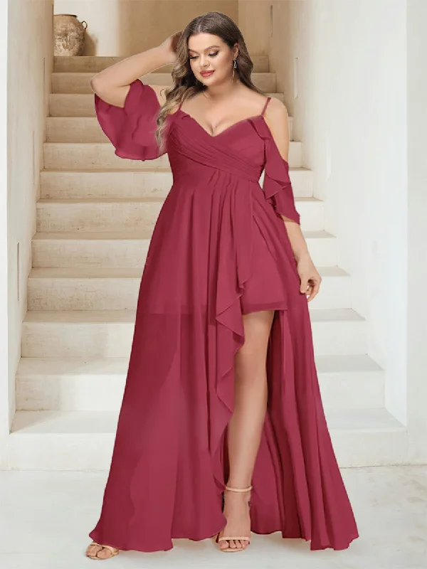 Huge Discounts A-Line/Princess V-Neck Short Sleeves Floor-Length Chiffon Plus Size Bridesmaid Dresses with Ruffles