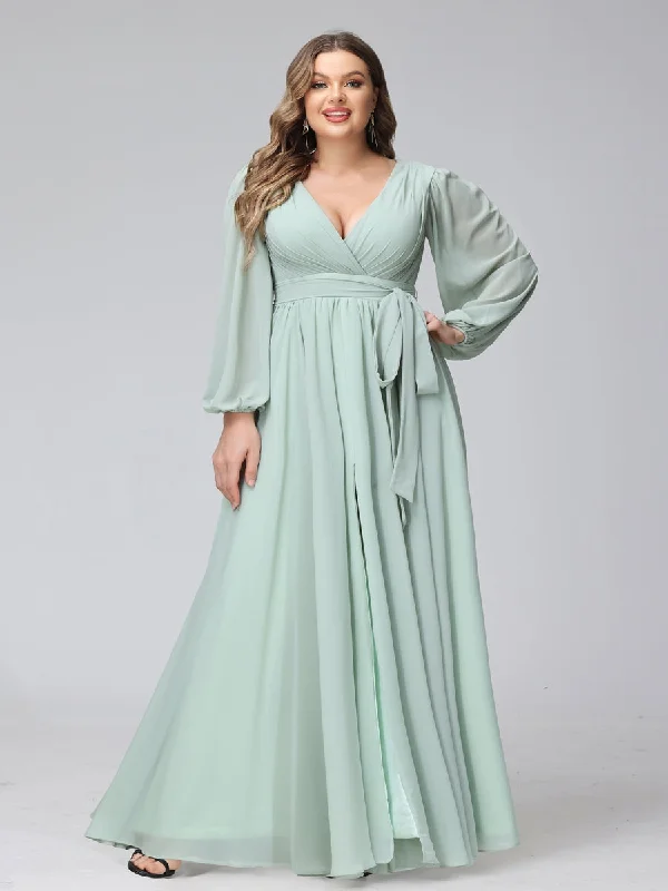 Major Savings A-Line V-Neck Long Sleeves Chiffon Long Plus Size Bridesmaid Dresses With Ruffles Split Side