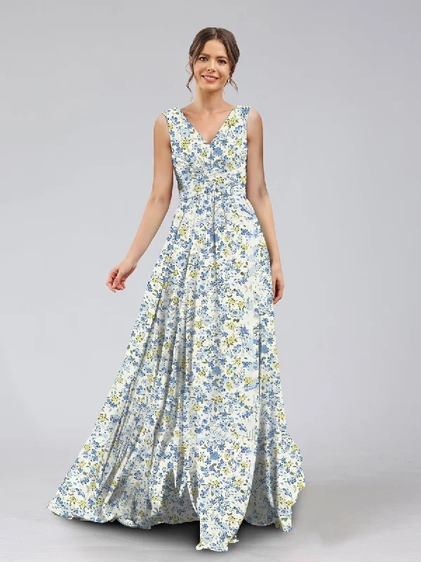 Deal Explosion A-Line/Princess V-Neck Sleeveless Ruched Floral Bridesmaid Dresses